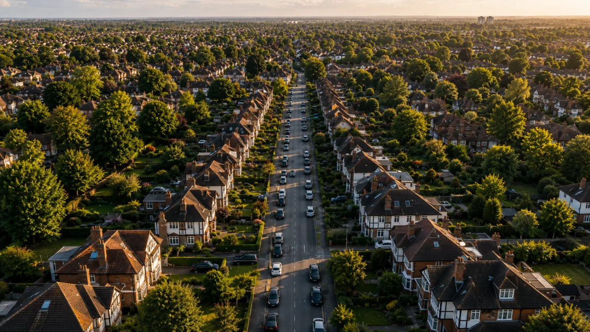 An aerial view of a residential street of family homes